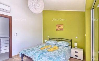 Freundliches Schlafzimmer mit grüner Akzentwand, Doppelbett und Zugang zu einem weiteren Raum.
