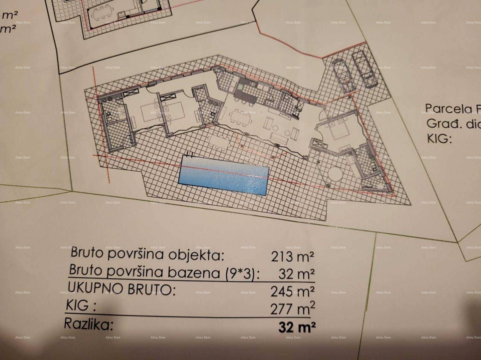 Grundrissplan eines Hauses mit offenem Wohnbereich, mehreren Zimmern und einem integrierten Schwimmbad.