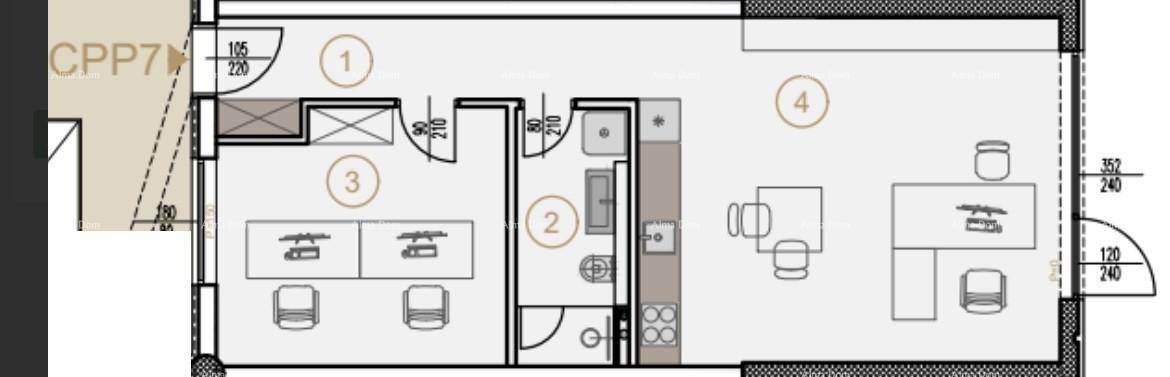 Grundriss eines Geschäftsbereichs mit Eingang, Bad, Büro und Teeküche.