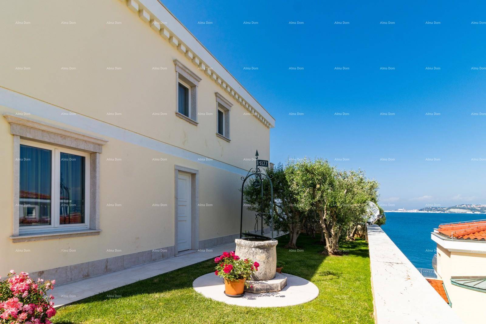 Kleiner Gartenbereich an der Seite der Villa mit Meerblick und mediterranen Pflanzen.