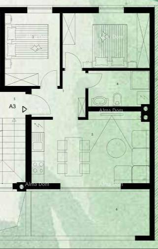 Grundriss einer Wohnung mit Schlafzimmern, Bad und offenem Wohnbereich.