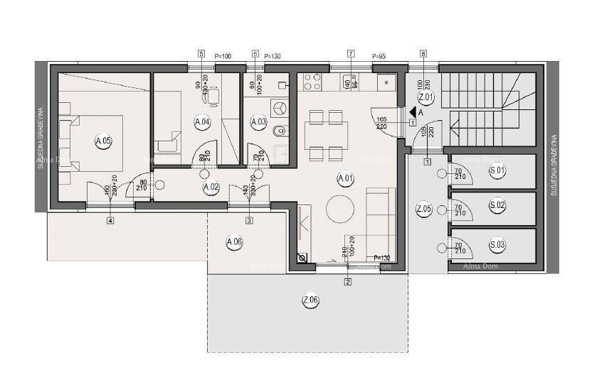 Detaillierter Grundriss einer Wohnung mit zwei Schlafzimmern, offenem Wohnbereich und Terrasse.