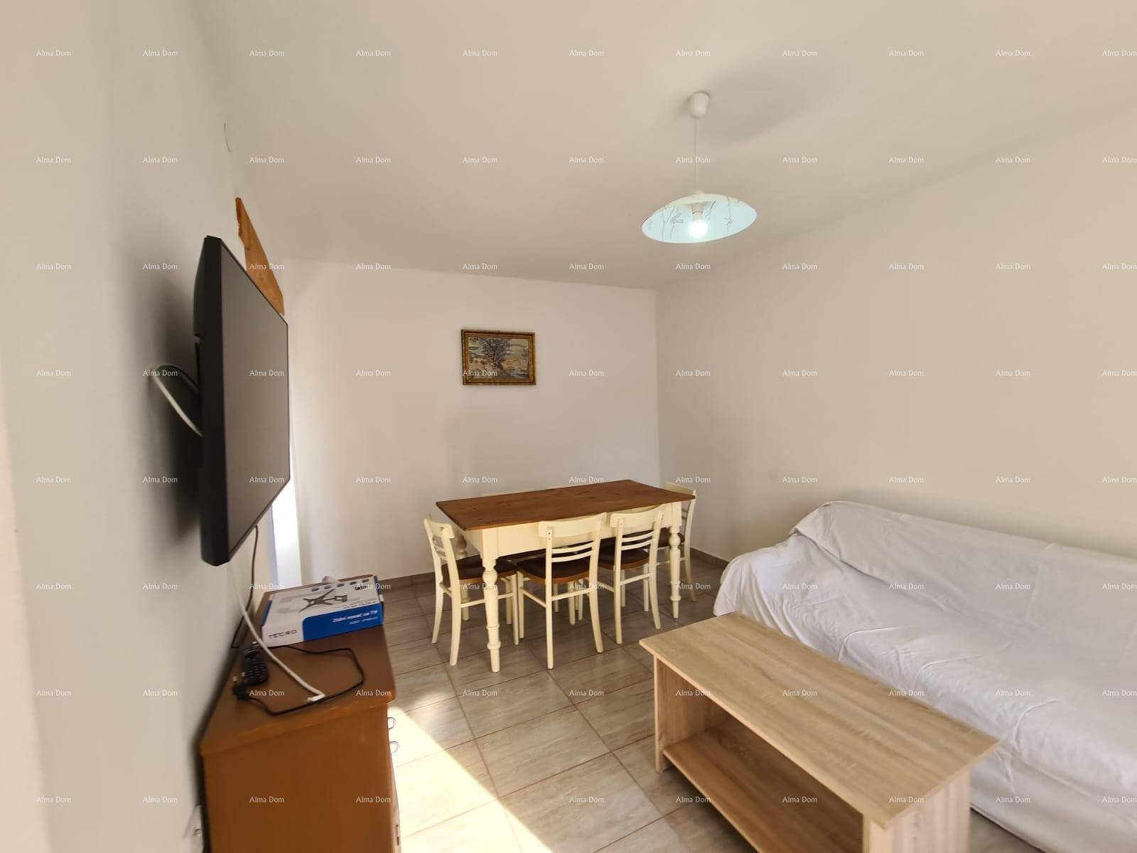 Wohn- und Essbereich mit Esstisch, Stühlen und Fernseher an der Wand.