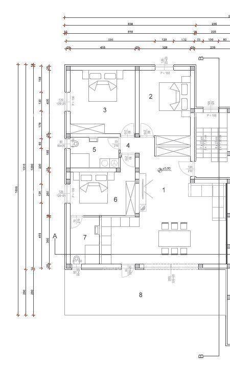 Grundriss einer Wohnung mit drei Schlafzimmern, zwei Bädern und offener Wohnküche.