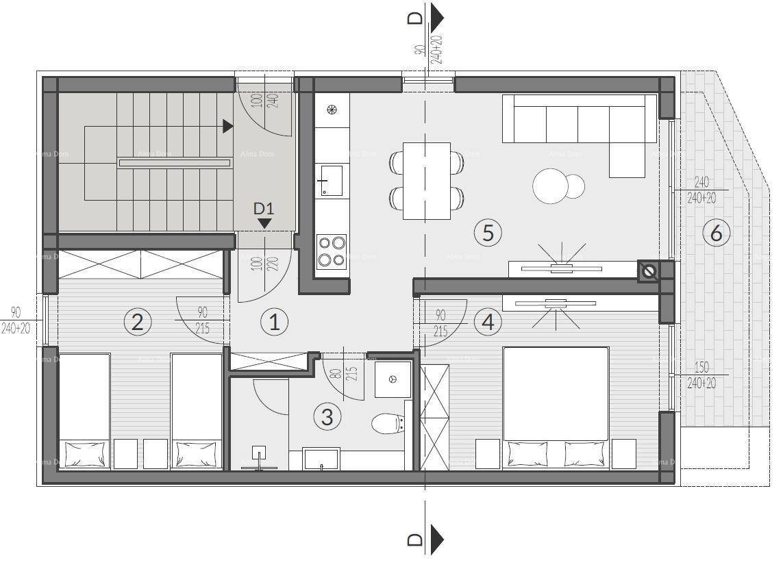 Grundriss einer Wohnung mit zwei Schlafzimmern, offenem Wohnbereich und Terrasse.