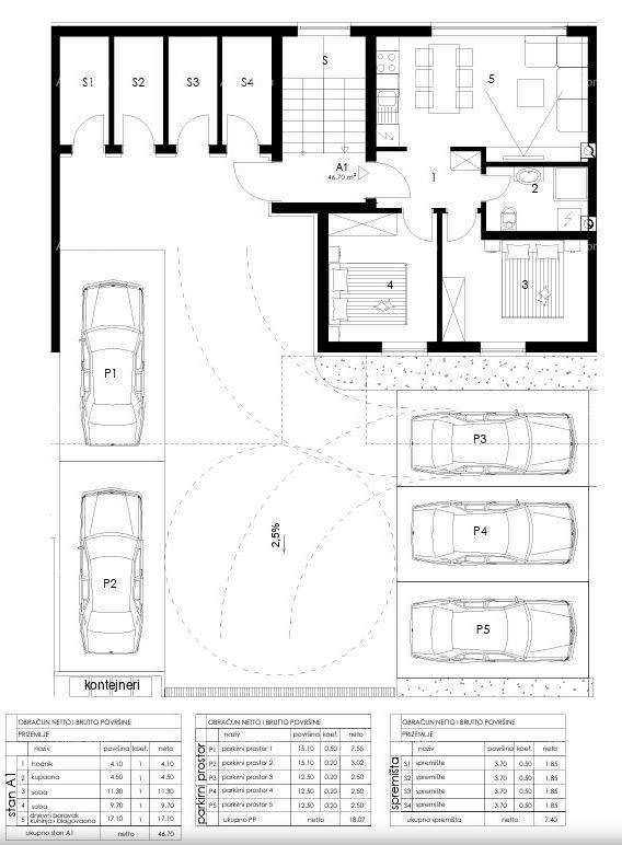 Grundriss einer Wohneinheit mit mehreren Zimmern und zugehörigen Parkplätzen.