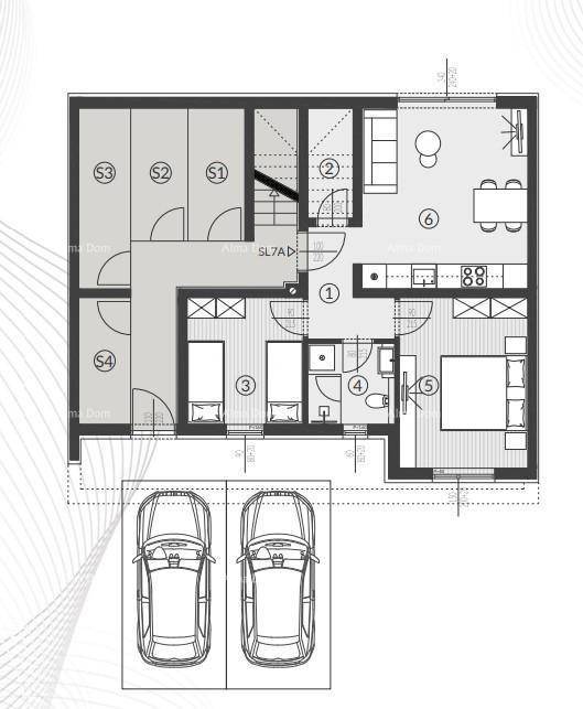 Grundriss einer Wohnung mit zwei Schlafzimmern, offenem Wohnbereich und zwei Parkplätzen.
