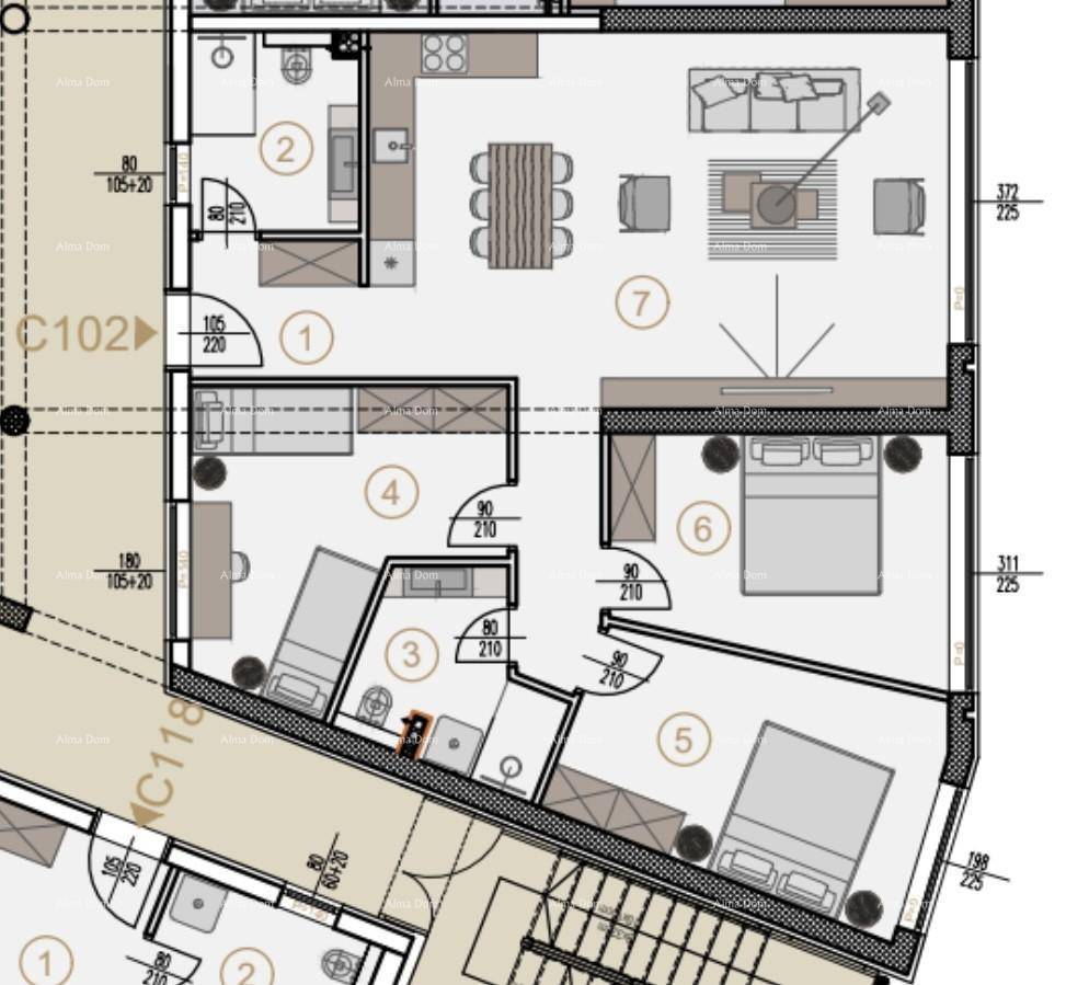 Grundriss der Wohnung C102 mit drei Schlafzimmern, zwei Bädern und offenem Wohnbereich.