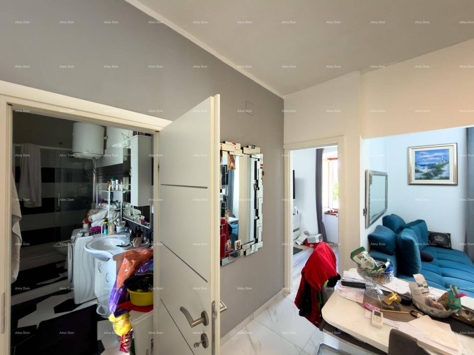 Eingangsbereich mit Spiegel und Blick in ein Badezimmer mit Waschmaschine.