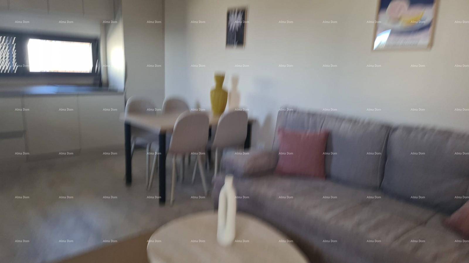 Offener Wohn-Essbereich mit Sofa, Esstisch und integrierter Küchenzeile im Hintergrund.