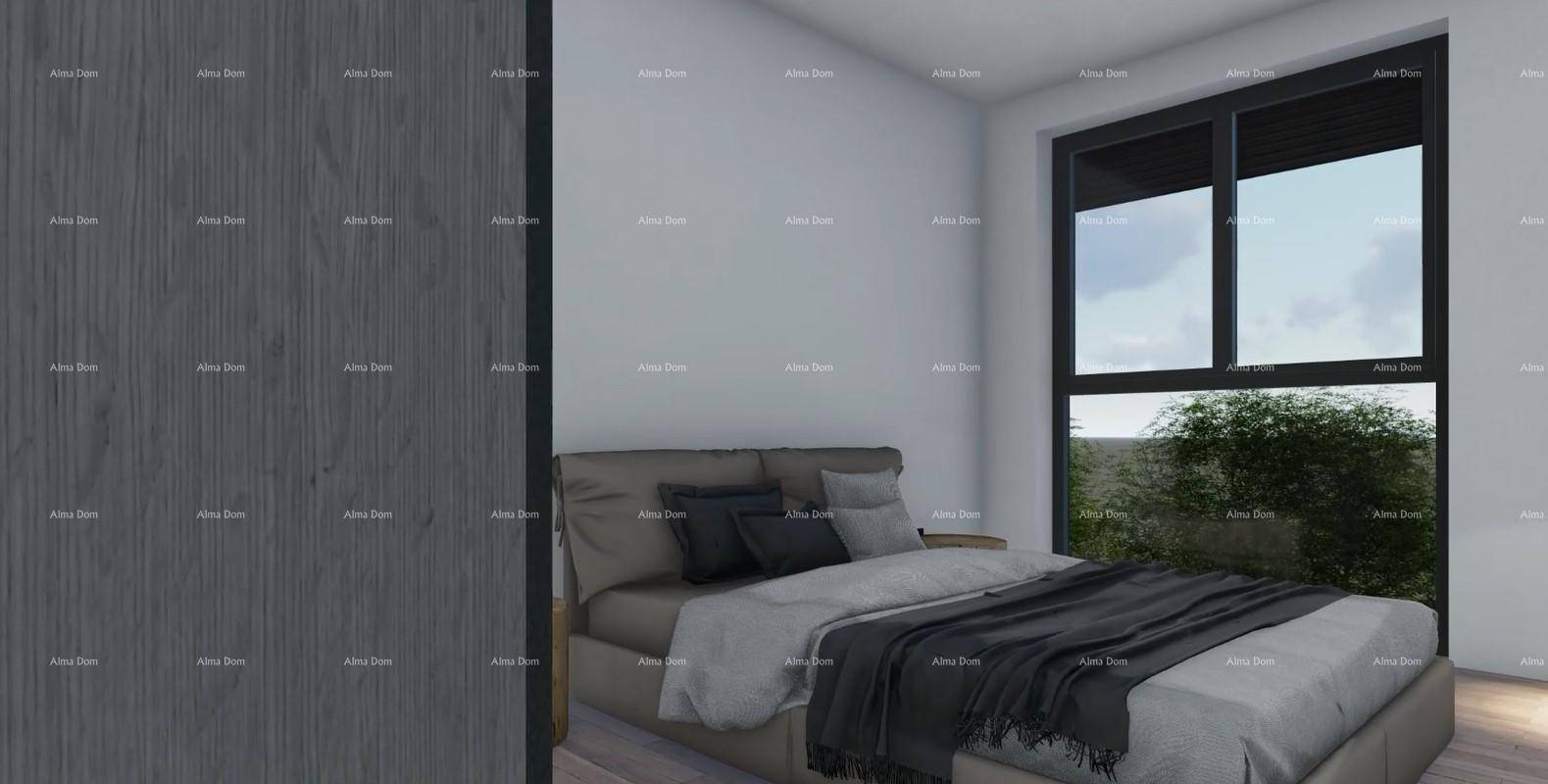 Schlafzimmer mit großem Fenster, das viel natürliches Licht hereinlässt und eine ruhige Atmosphäre schafft.