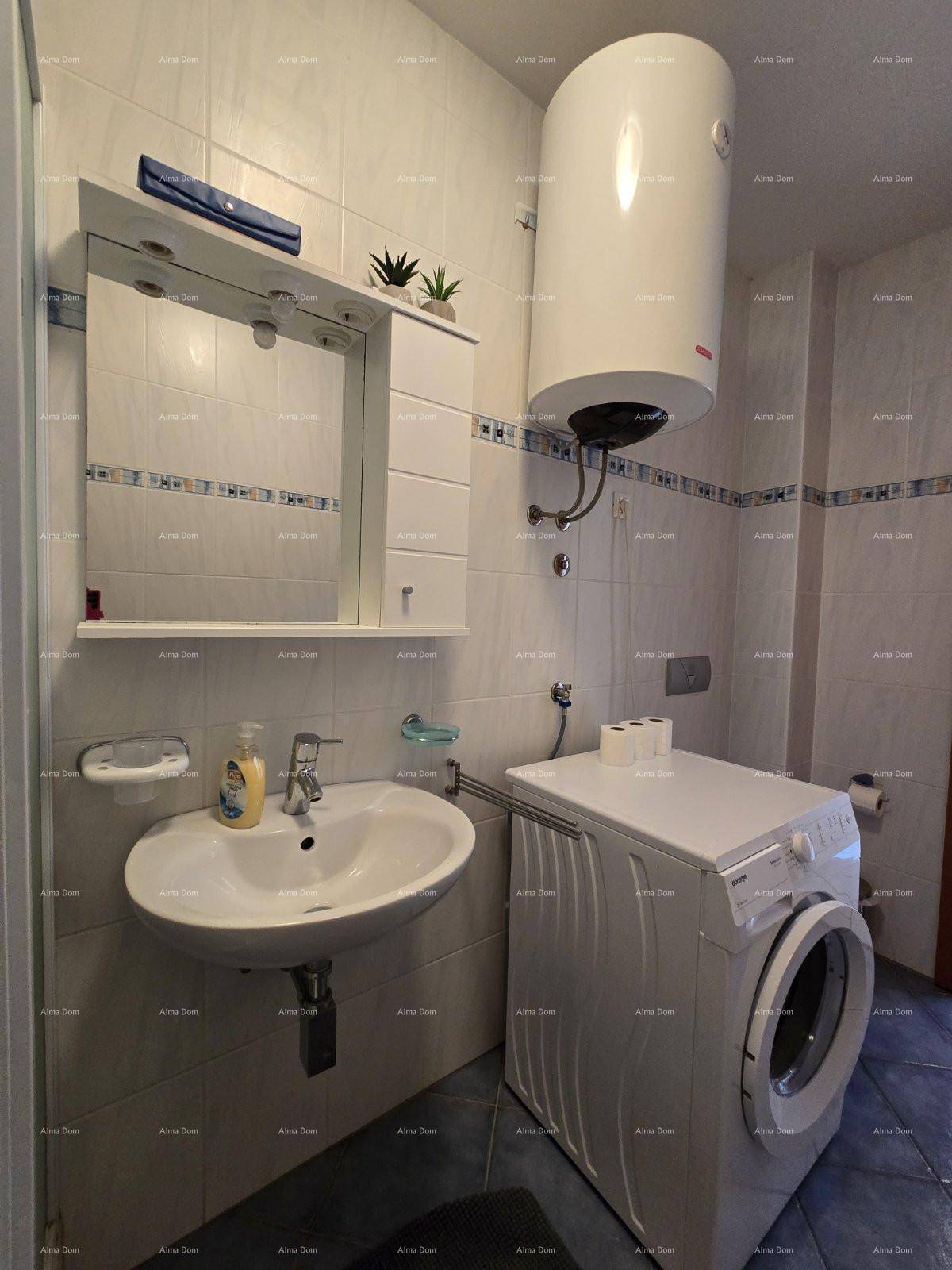 Badezimmer mit Waschbecken, Spiegelschrank, Waschmaschine und großem Warmwasserboiler.