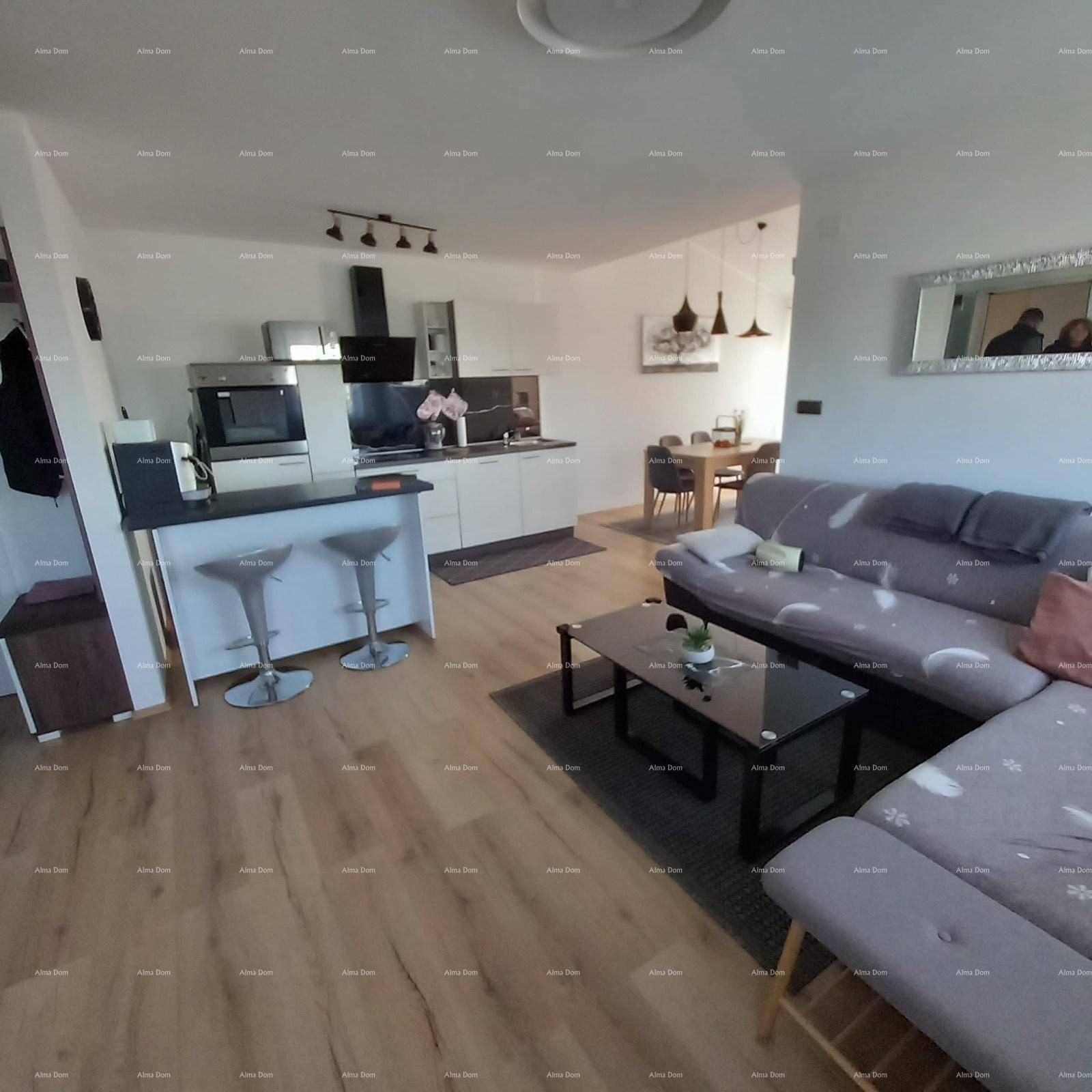 Offener Wohn- und Essbereich mit integrierter Küche, modernem Sofa und hellem Laminatboden.