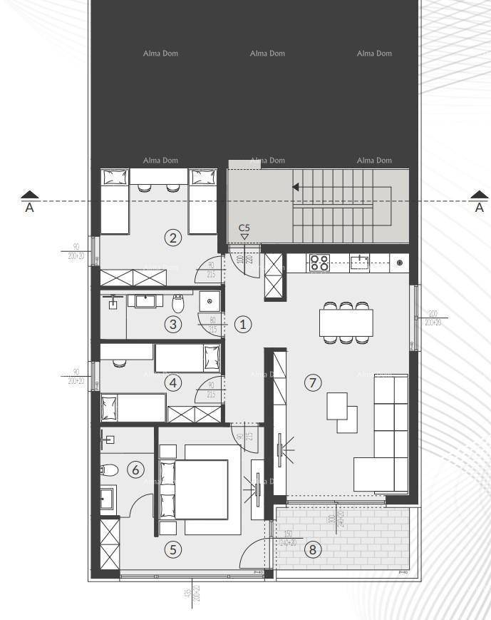 Grundriss einer Wohnung mit offenem Wohnbereich, mehreren Schlafzimmern, zwei Bädern und einer Terrasse.
