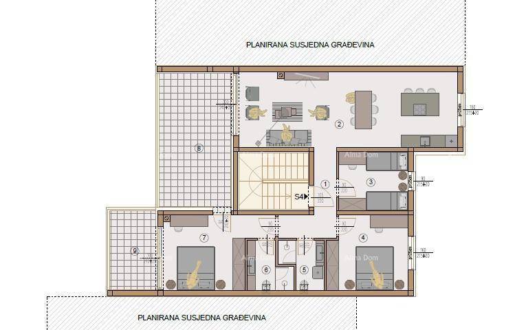 Grundriss einer Wohnung mit offenem Wohnbereich, drei Schlafzimmern und zwei Terrassen für viel Platz.