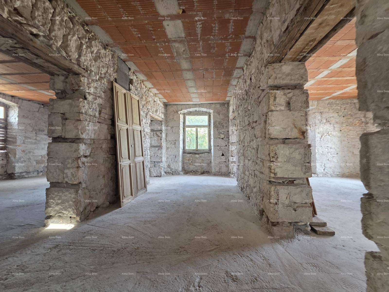 Großer, leerer Raum mit freiliegenden Steinwänden und Ziegeldecke, bereit für den Ausbau.