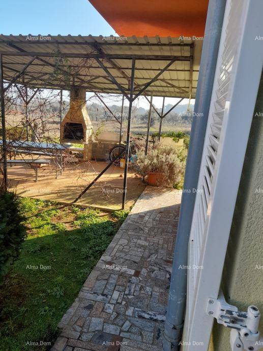 Außenbereich mit überdachtem Grillplatz und gepflastertem Weg, ideal für gesellige Abende.