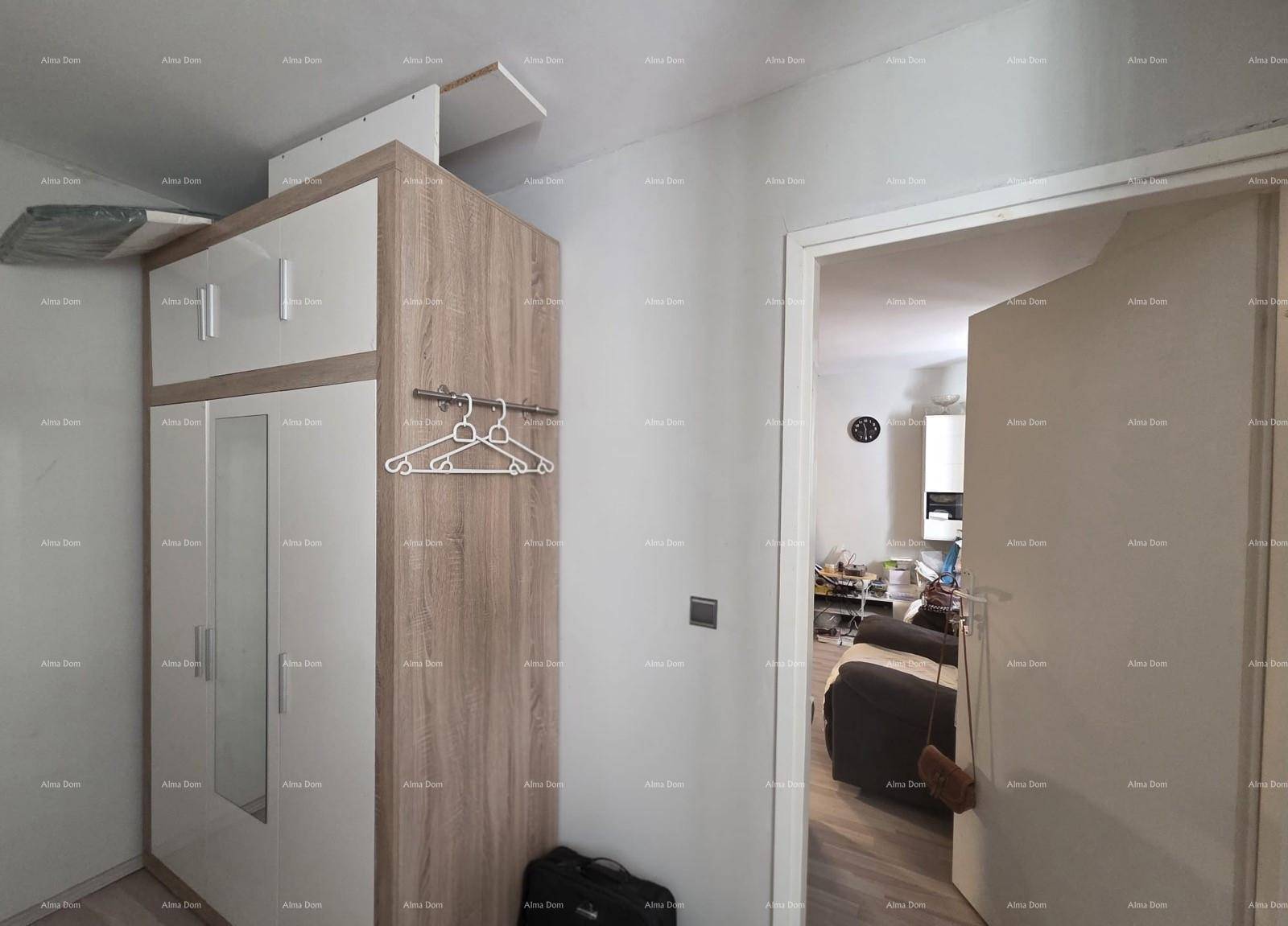 Flur mit einem Kleiderschrank und Zugang zum Wohnbereich, der im Hintergrund sichtbar ist.