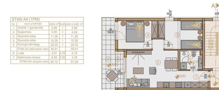 Detaillierter Grundriss einer Wohnung mit zwei Schlafzimmern, offenem Wohnbereich und Loggia.