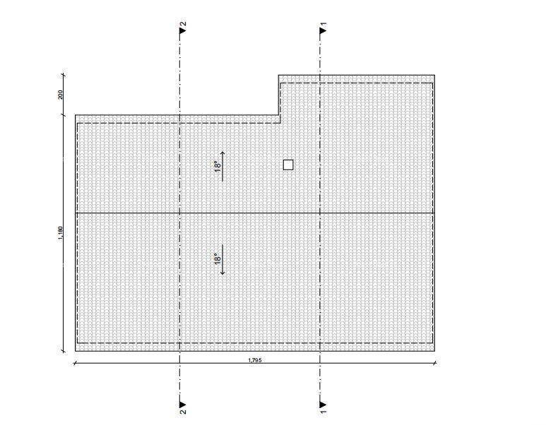 Dachplan eines Gebäudes mit eingezeichneten Dachneigungen und Gesamtmaßen der Struktur.