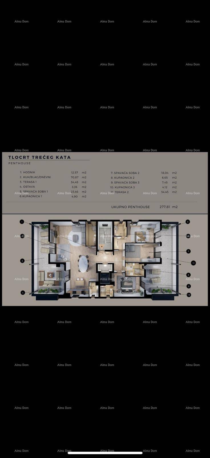 Detaillierter Grundriss eines Penthouses im dritten Stock mit mehreren Zimmern und Terrassen.