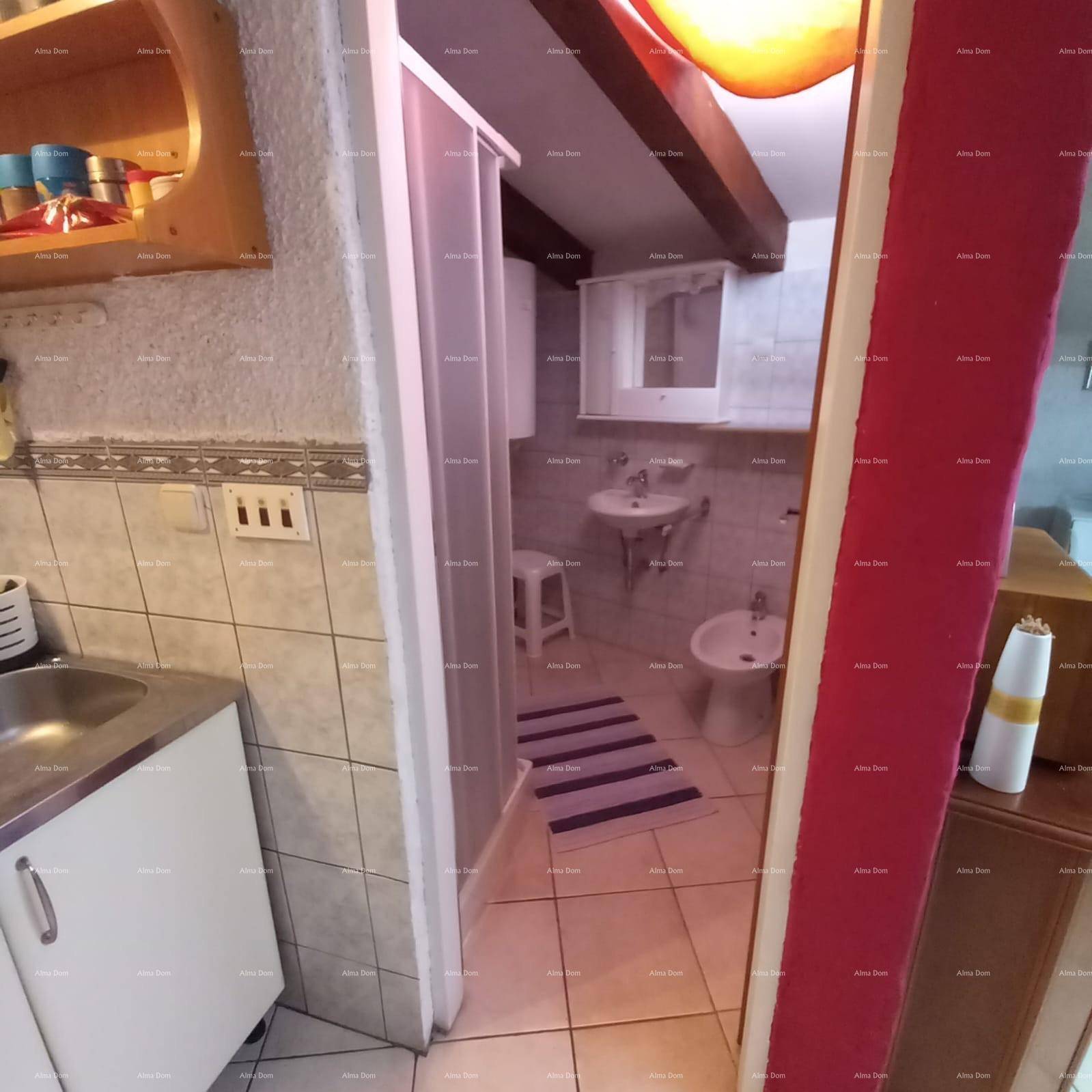Badezimmer mit Duschkabine, Waschbecken und Bidet, sichtbar durch eine offene Tür.