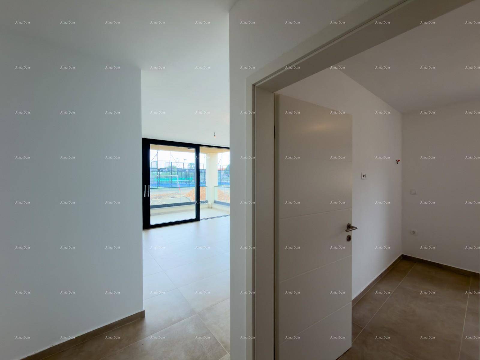 Heller Flur mit Zugang zu einem Zimmer und Blick auf den Wohnbereich mit großen Glasfronten.