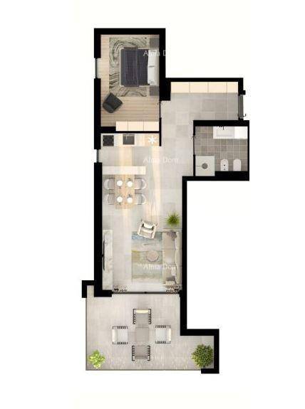 Möblierter Grundriss einer Wohnung mit Schlafzimmer, offenem Wohnbereich und Terrasse.