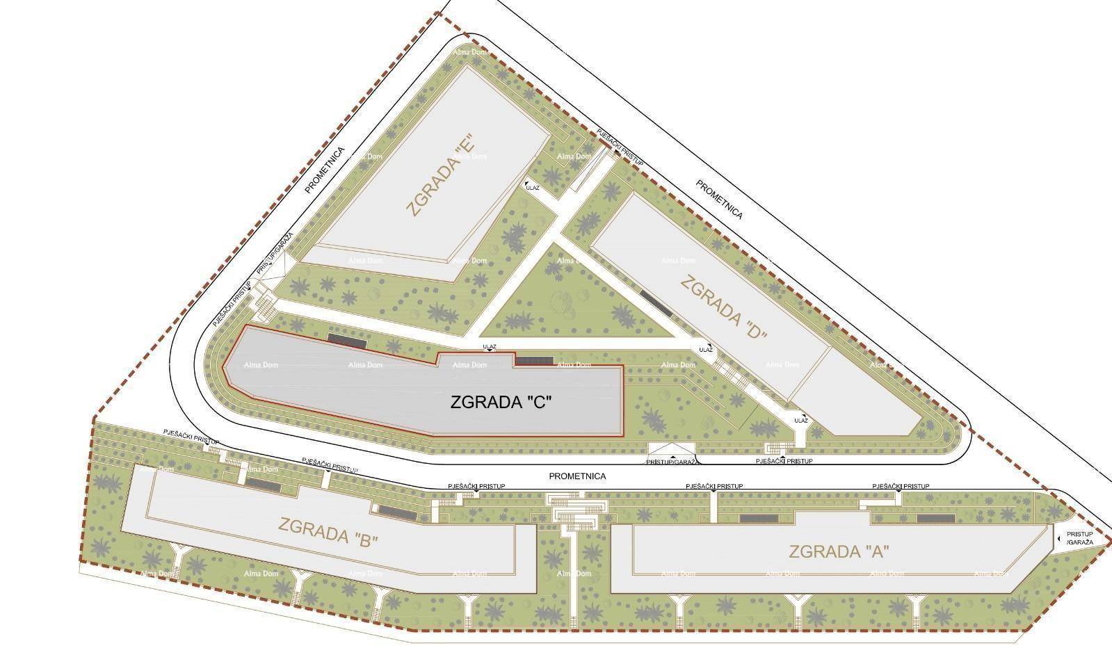 Lageplan des gesamten Bauprojekts mit mehreren Gebäuden und Grünflächen.