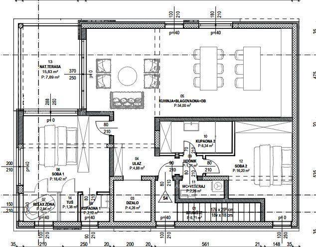 Grundriss einer Wohnung mit offener Küche, Ess- und Wohnbereich, zwei Schlafzimmern und einer Terrasse.