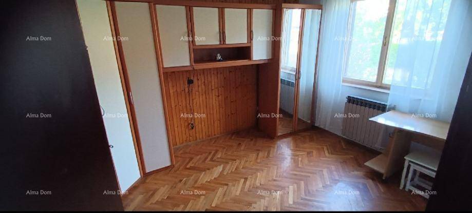 Zimmer mit Parkettboden, Einbauschränken aus Holz und einem Fenster mit viel Tageslicht.