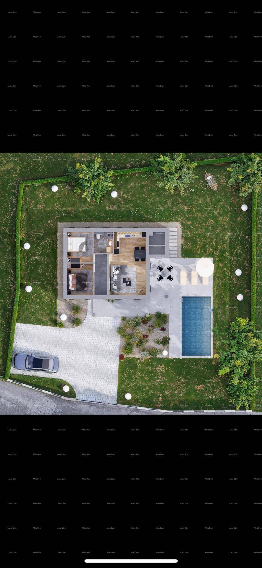 Detaillierter Grundriss mit Außenbereich, Pool und Gartenanlage aus der Vogelperspektive.