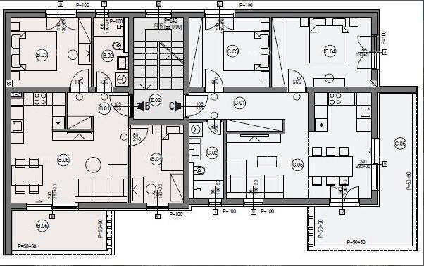 Grundriss einer Etage mit zwei Wohneinheiten, jeweils mit offenem Wohnbereich, Schlafzimmern und Balkon.