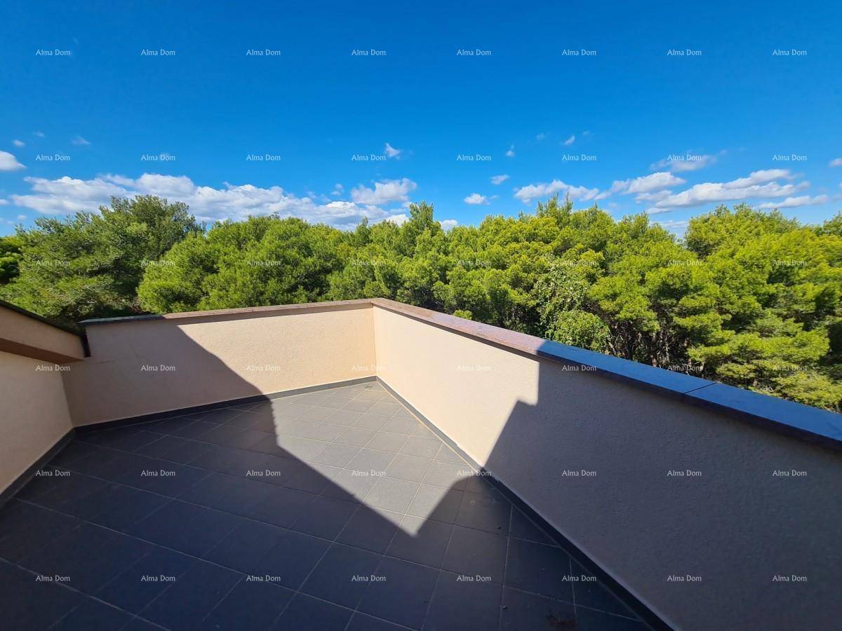 Große, geflieste Terrasse mit weitem Blick auf grüne Bäume und den blauen Himmel.