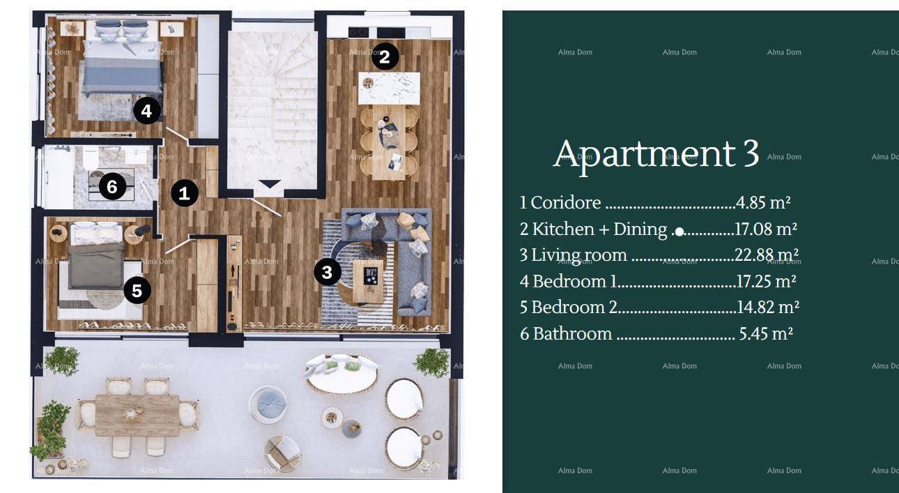 Grundriss einer Wohnung mit zwei Schlafzimmern, offenem Wohnbereich und großer Terrasse für Außenaktivitäten.