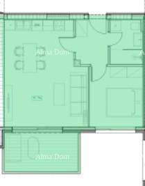 Grundriss einer Wohnung mit offenem Wohnbereich, Schlafzimmer und Balkon.