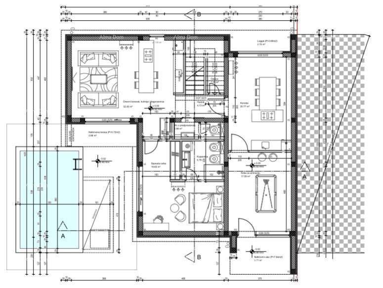 Grundriss des Erdgeschosses mit offenem Wohnbereich, Küche, Esszimmer und Loggia.