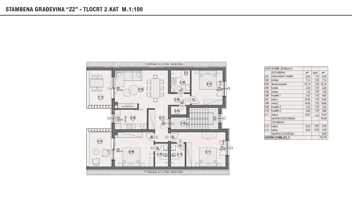 Grundriss des zweiten Obergeschosses zeigt eine offene Wohnküche, zwei Bäder und einen Balkon.
