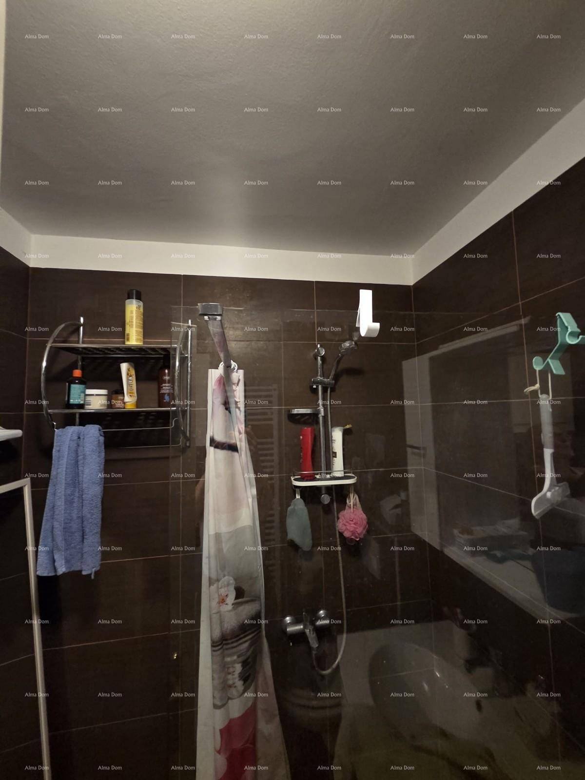 Duschbereich im Badezimmer mit dunklen Fliesen und Duschvorhang.