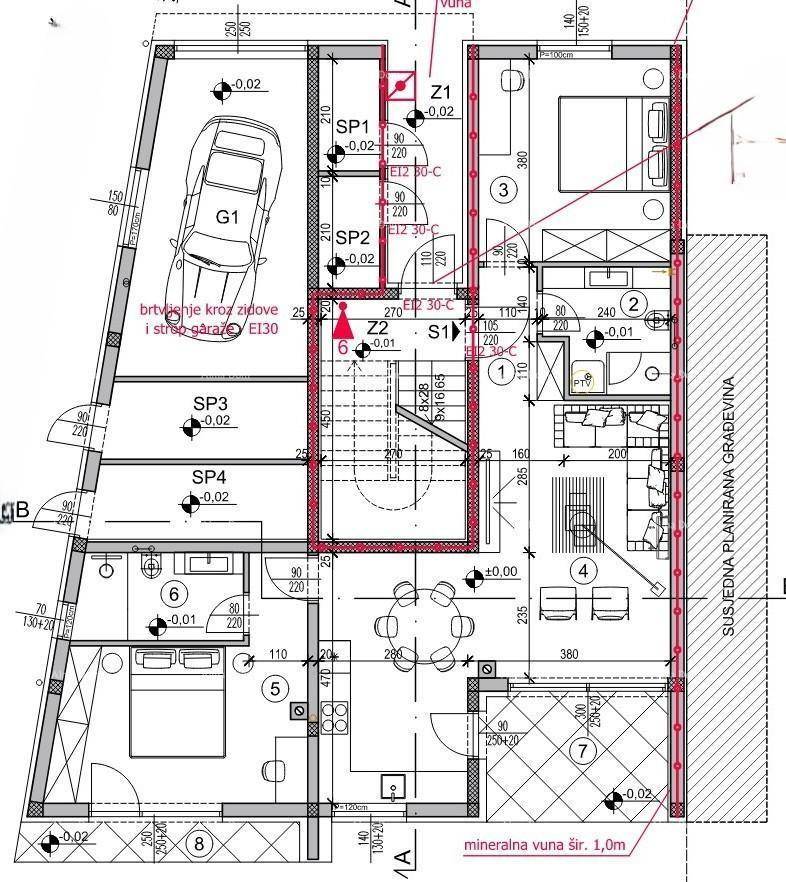 Grundriss einer Wohneinheit mit Garage, zwei Schlafzimmern, offenem Wohnbereich und Loggia.