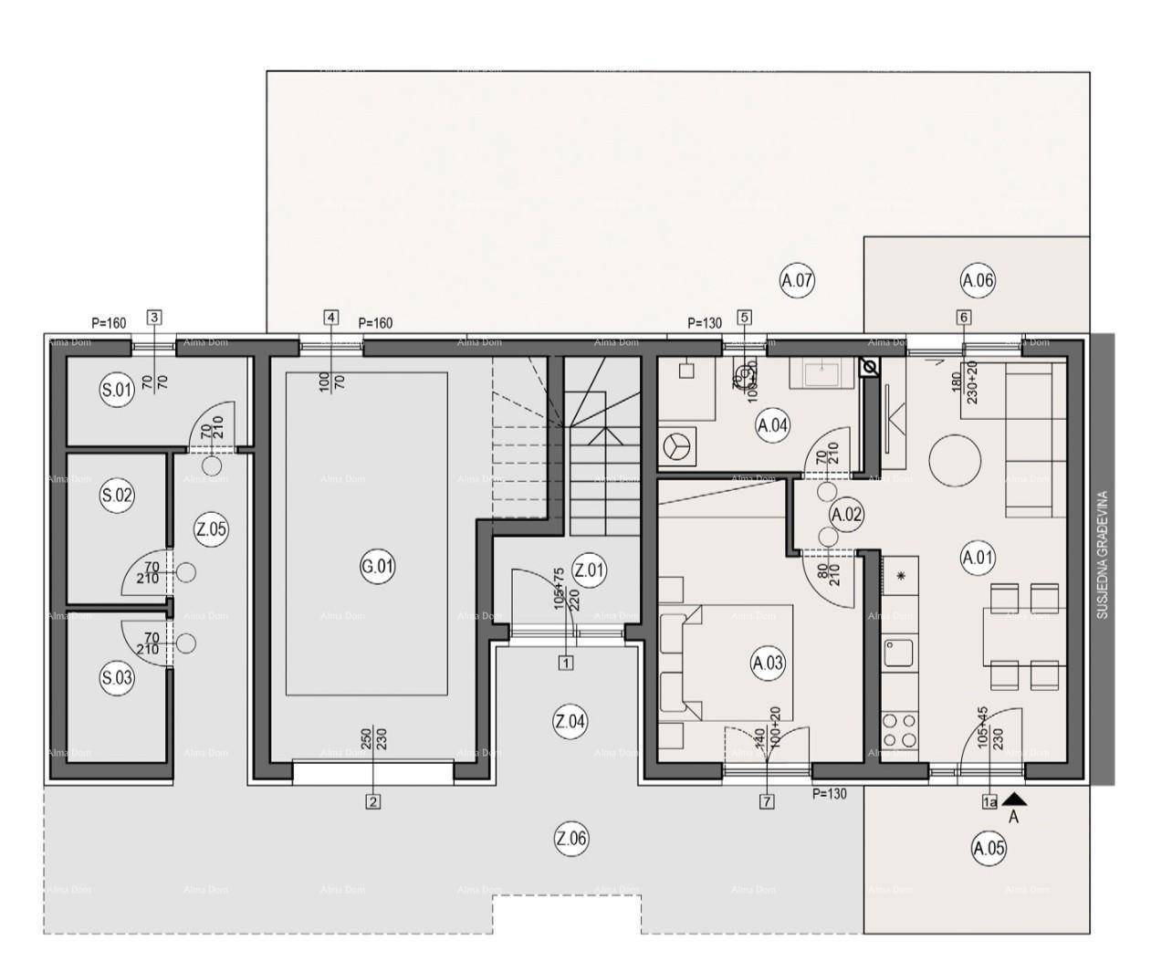 Grundriss einer Wohneinheit mit mehreren Räumen, Terrasse und Gartenbereich.