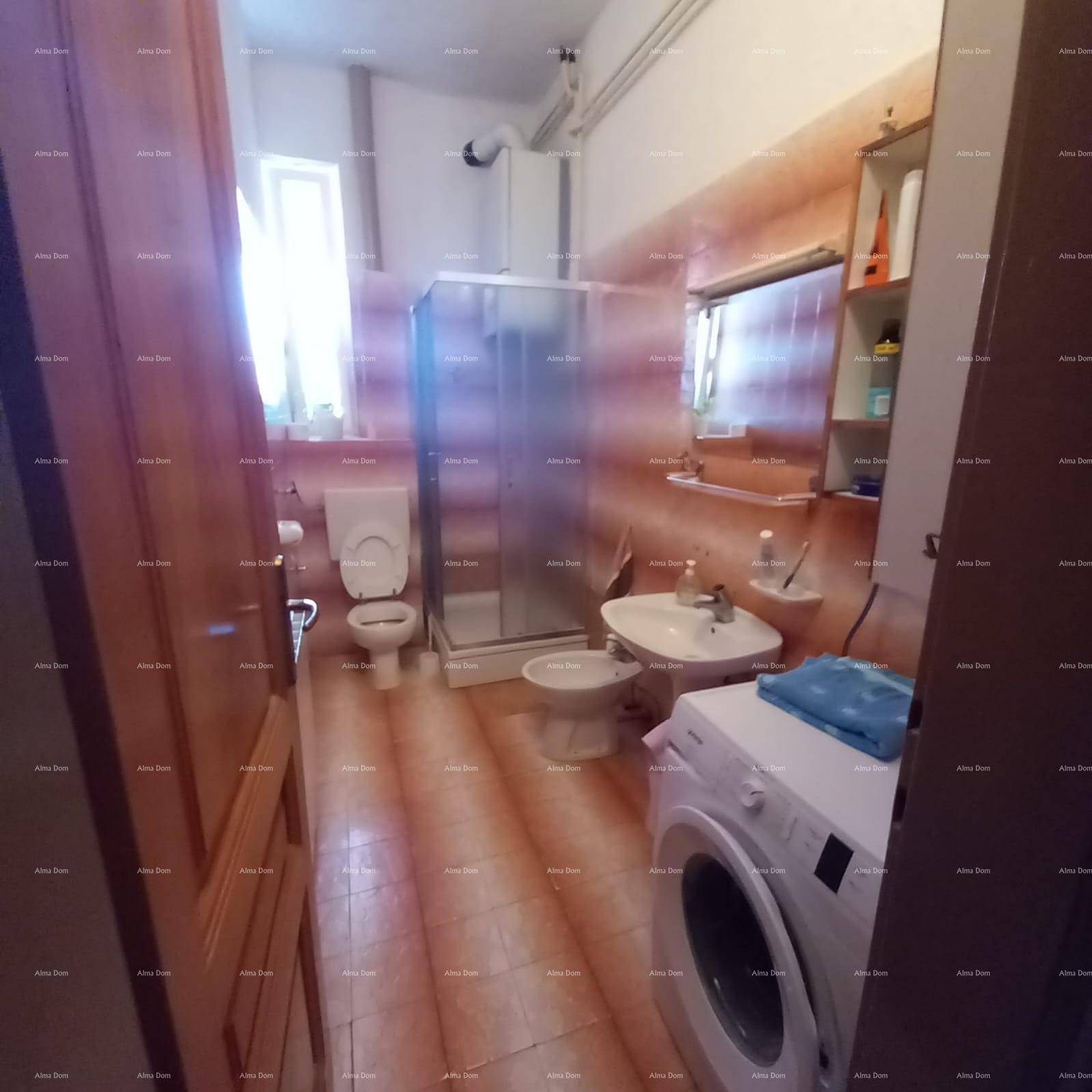 Badezimmer mit Dusche, WC, Bidet, Waschmaschine und Fenster.