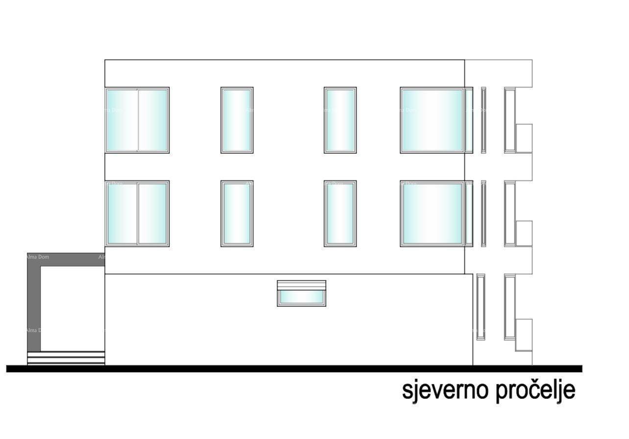 Architektonische Zeichnung der Nordfassade mit symmetrischen Fensteranordnungen.