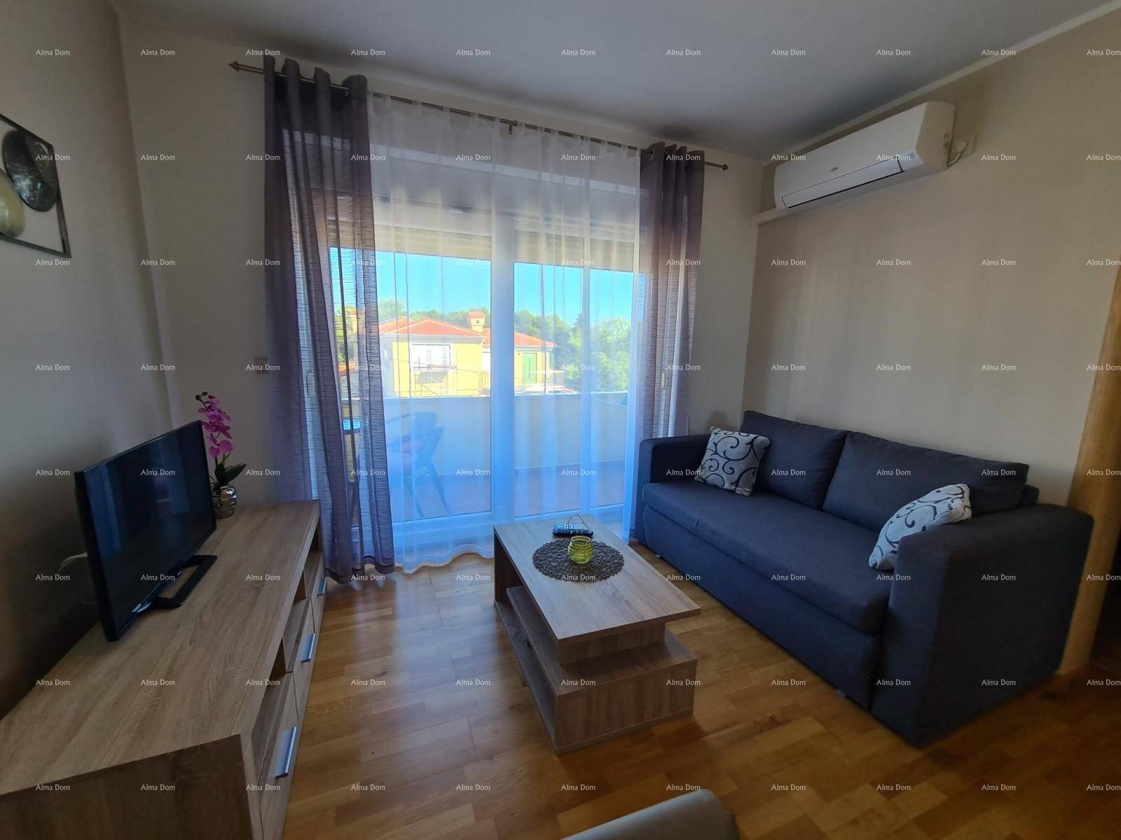 Wohnzimmer mit bequemer Couch, Fernseher, Holzboden und großem Fenster mit viel Tageslicht.