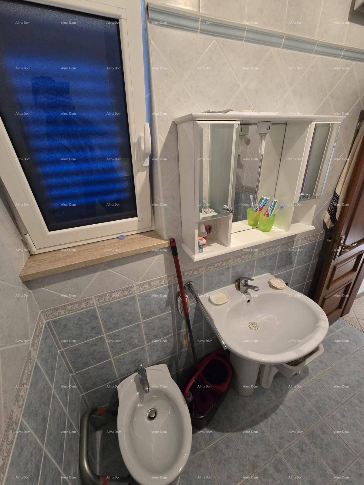 Badezimmer mit Waschbecken, Bidet, Spiegelschrank und Fenster, das Tageslicht spendet.