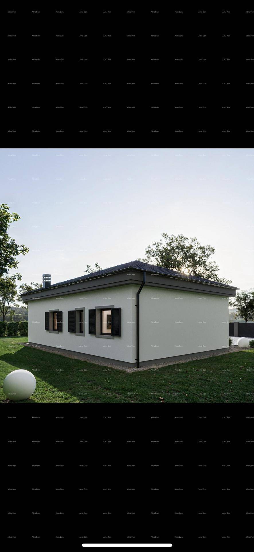 Seitenansicht der modernen Hausfassade mit dunklen Fensterläden und gepflegtem Rasen.