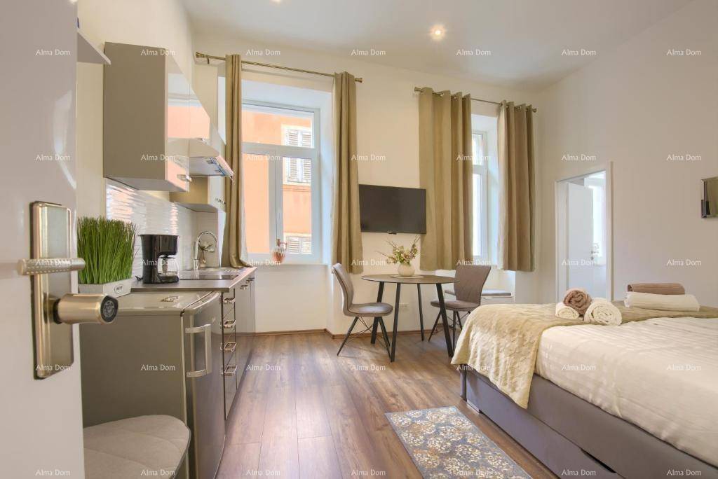 Helles Schlafzimmer mit integrierter Küchenzeile, Essbereich und Blick nach draußen.