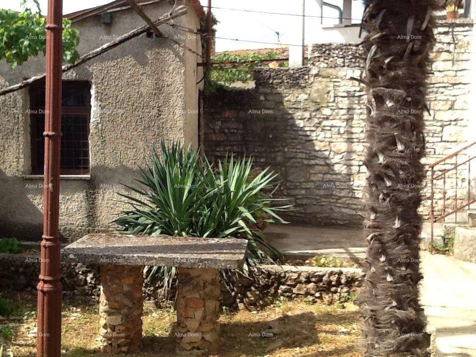 Kleiner Gartenbereich mit Palmen, einer Yucca-Pflanze und rustikalen Steintischen.