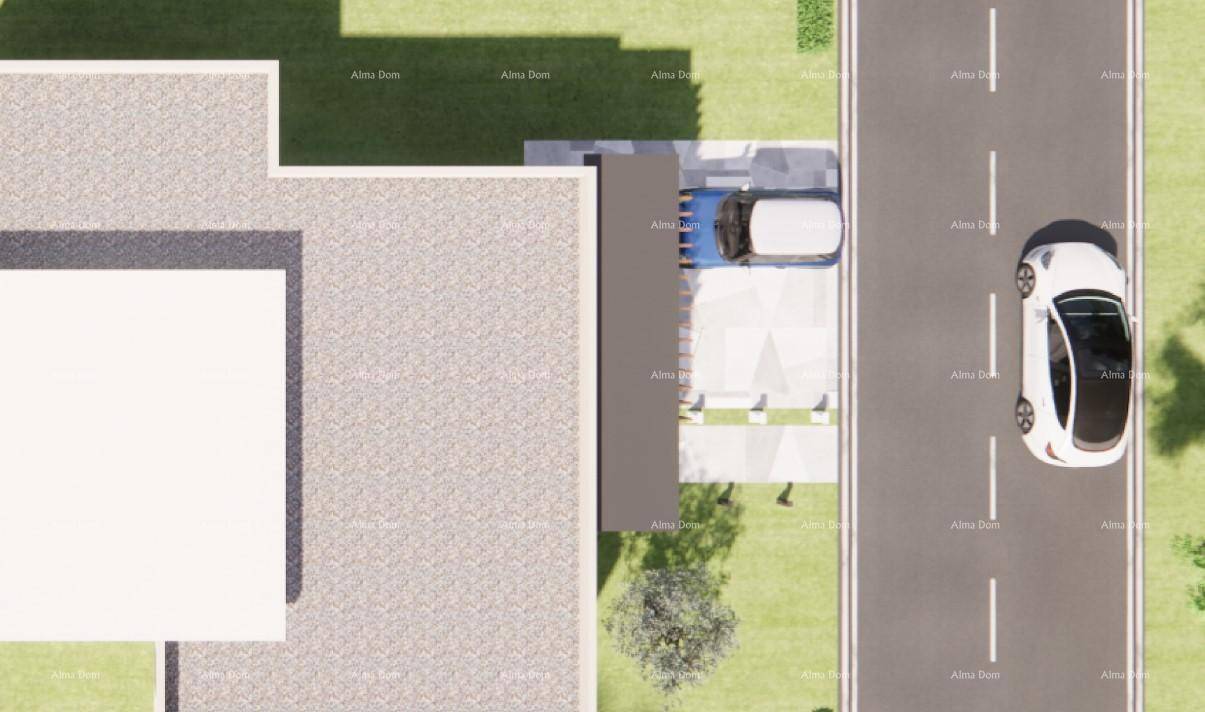 Draufsicht auf die Zufahrt und den Parkbereich einer modernen Villa.