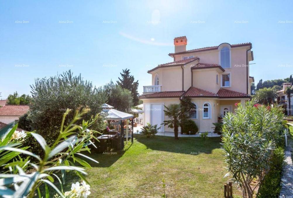 Gepflegter Gartenbereich mit Rasen, mediterranen Pflanzen und Blick auf die Villa.